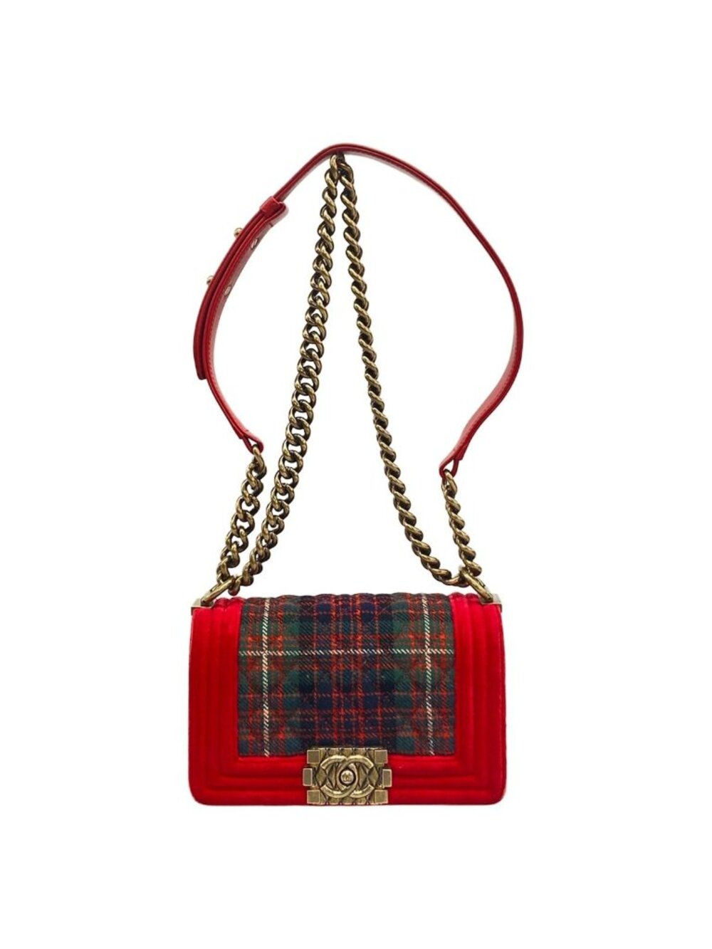 Chanel Shoulder Bag Boy Red Green Dark Navy Plaid Vintage Gold Chain